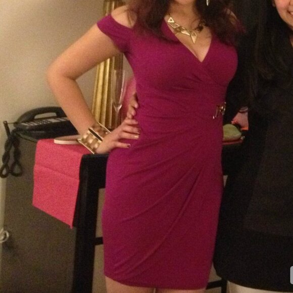 Cache Cold Shoulder Draped Dress XS Petite Form Fitting Stretch Cocktail Gold - Picture 2 of 7